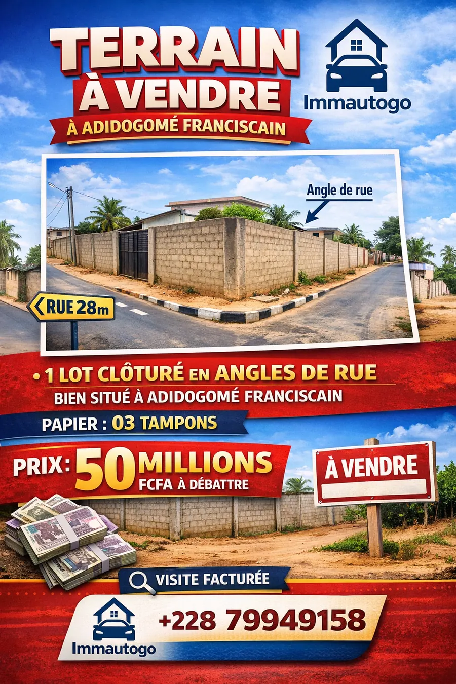 Terrain 1 lot à vendre en angle de rue à Adidogomé Franciscain – 50 millions FCFA