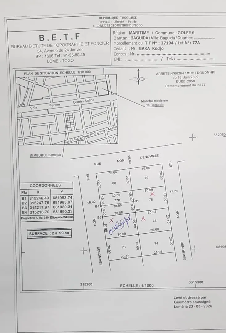 Terrain 2 lots et demi à vendre à Baguida MRS – 50 millions FCFA le lot