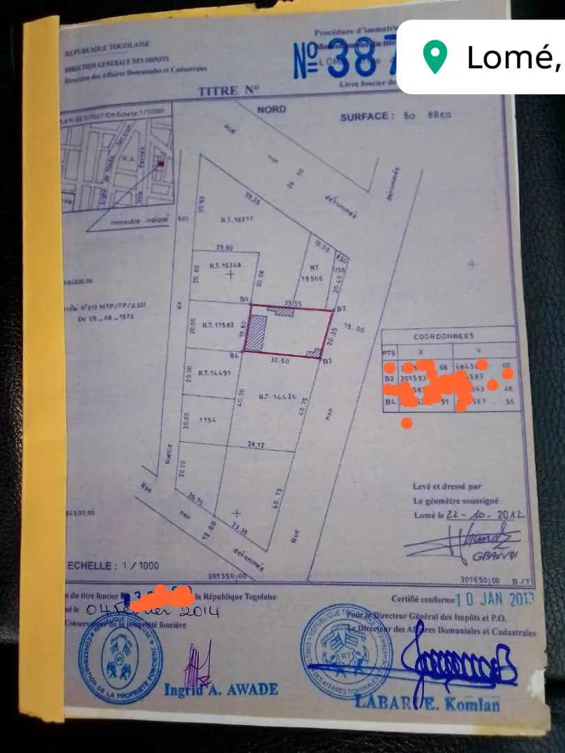 Terrain 1 lot 600 m² en vente à GTA – 85 000 000 FCFA