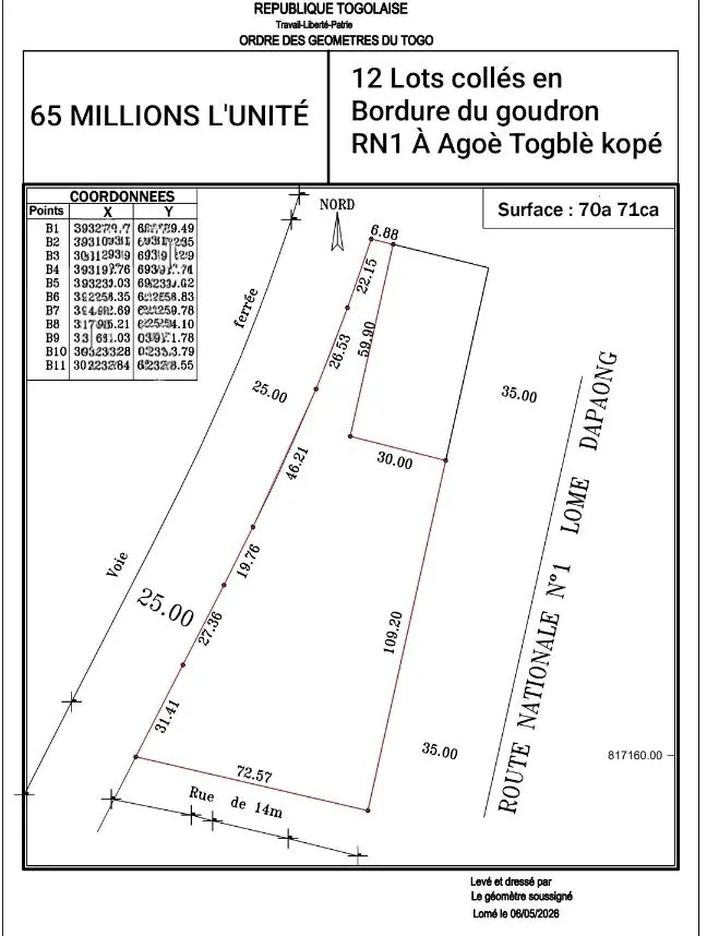 Terrain 11 lots 3/4 en vente en angle de rue et bordure de goudron à Togblekopé – 60 millions FCFA l'unité