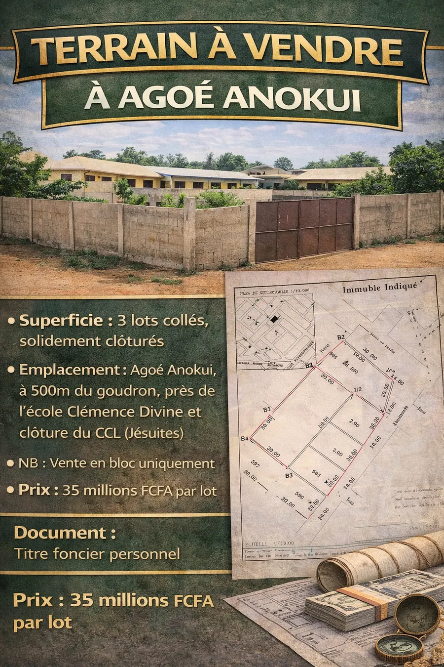 Terrain 3 lots à vendre à Agoé Anokui – prix par lot 35 millions FCFA