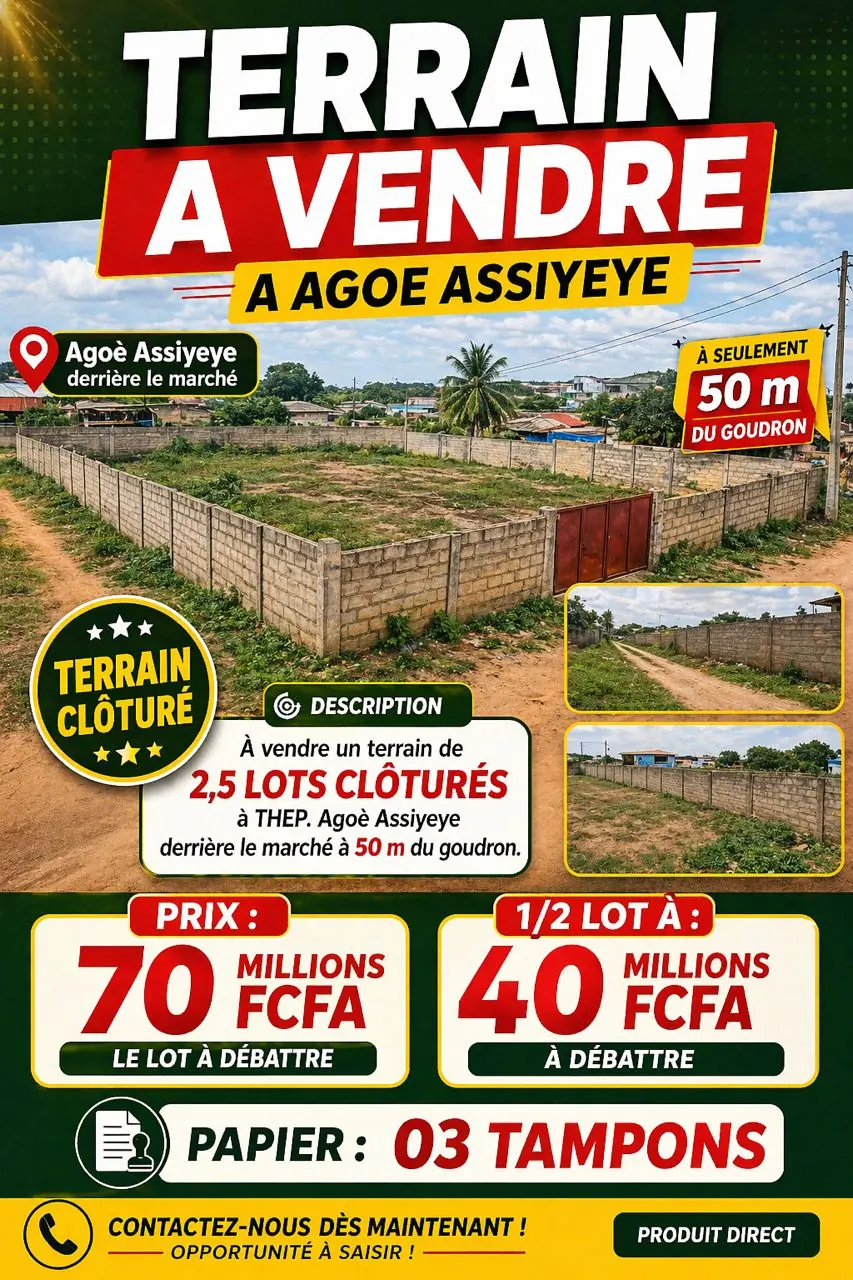 Terrain 1500 m² en vente à Agoè Assiyeyé – prix à partir de 40 millions FCFA le demi-lot