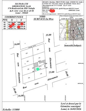 Terrain de 289 m² à vendre à Tokoin Casablanca – 35 millions FCFA