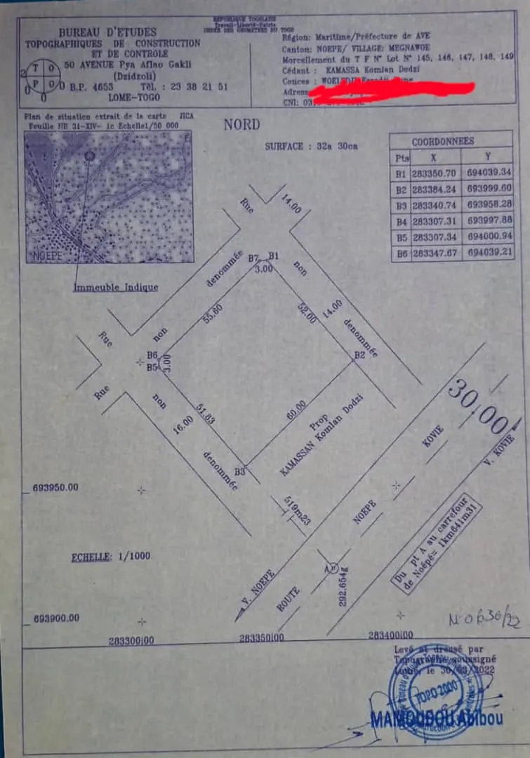 Terrain 3260 m² en vente à Noepé Megnawoe, angle de rue – 30 millions FCFA