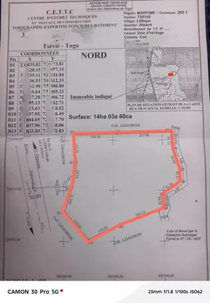 14 hectares en vente à Lilikopé proche du goudron RN1 – 8 millions FCFA l'unité