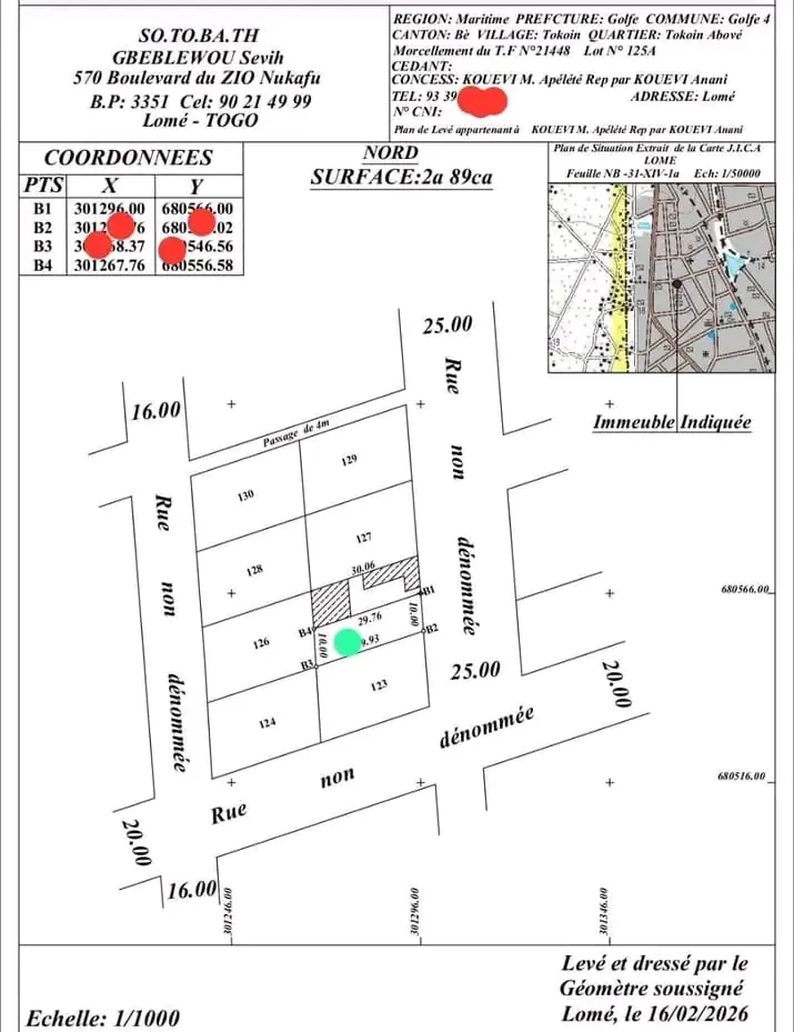 Terrain de 289 m² à vendre à Tokoin Casablanca – 35 millions FCFA