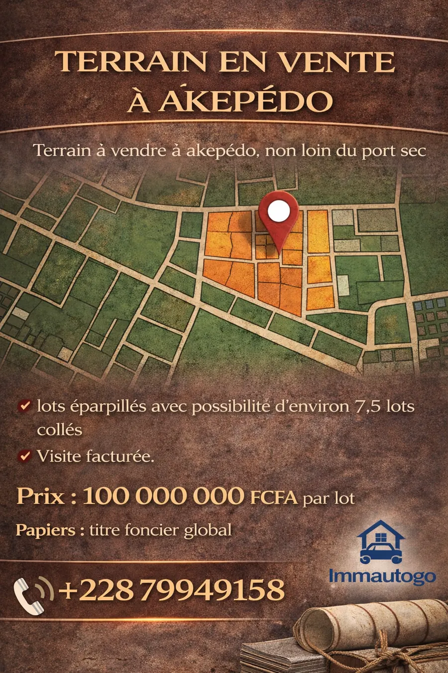 Terrain en vente à Aképédo, non loin du port sec – 10 000 000 FCFA le lot