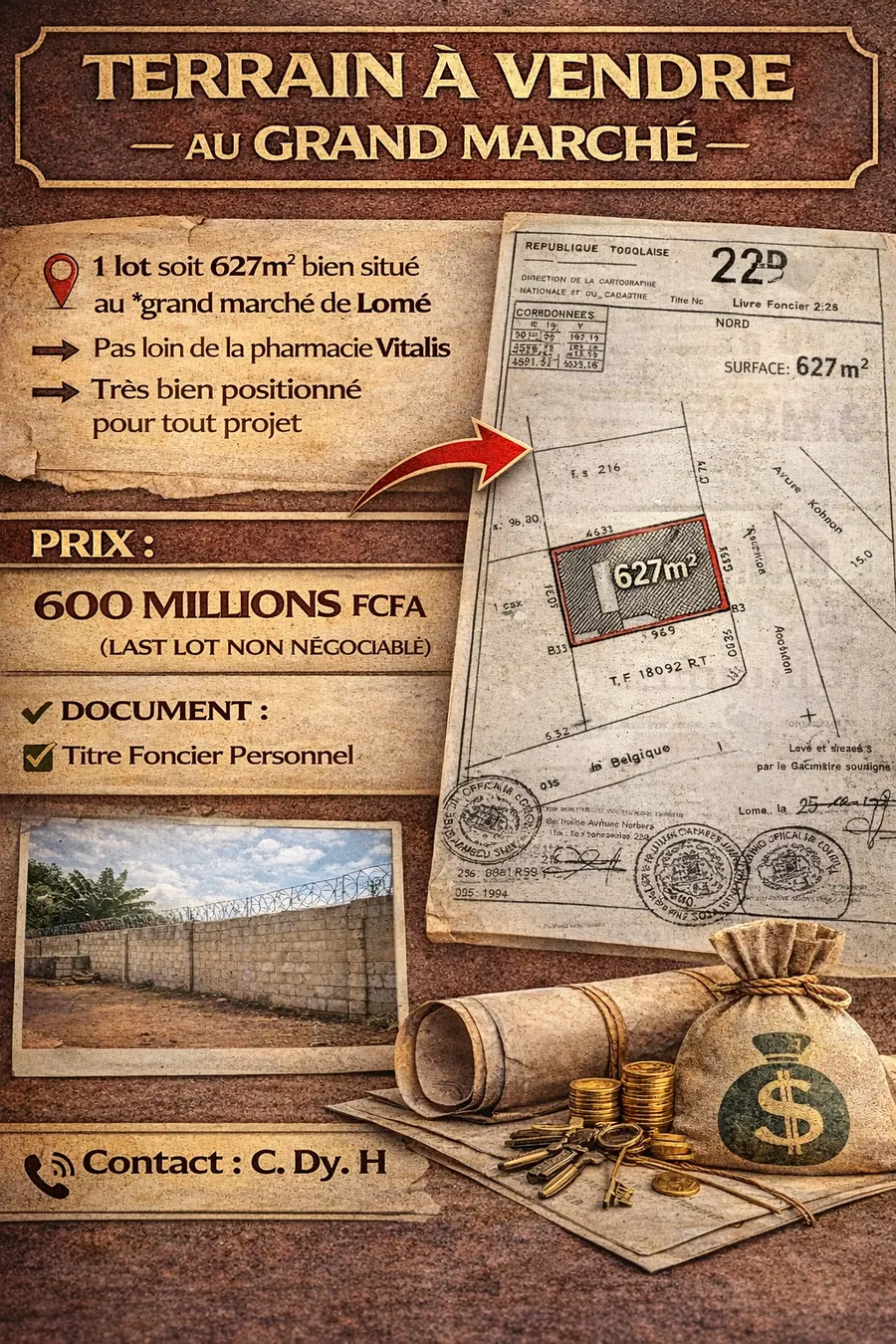 Terrain 1 lot (627 m²) à vendre au Grand Marché de Lomé – 600 millions FCFA