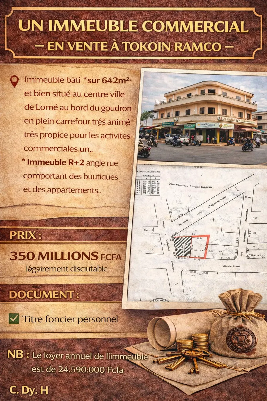 Immeuble R+2 en vente angle de rue sur 642 m² à Tokoin Ramco, Lomé – 350 millions FCFA
