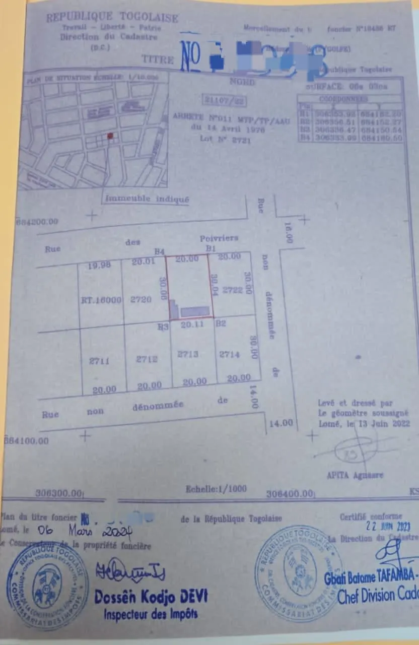 Terrain 1 lot en vente à Hédzranawoé – 60 millions FCFA