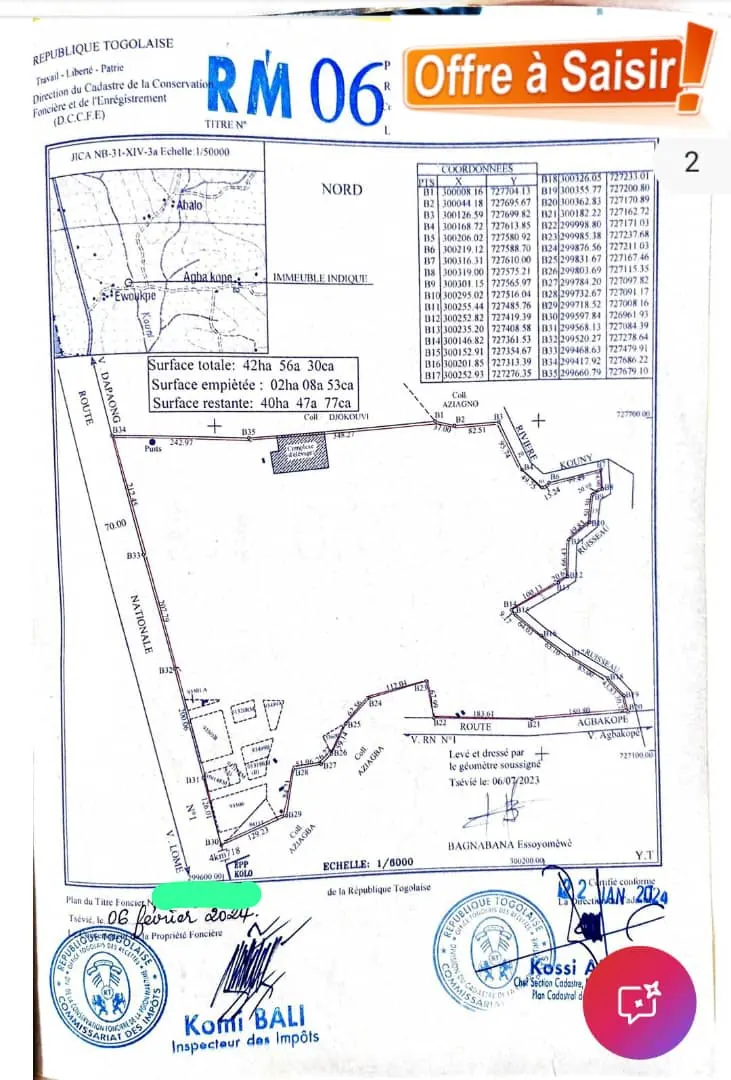 Terrain de plus de 40 hectares en vente en bordure du goudron à Lilikopé, Tsévié – 30 millions FCFA par hectare