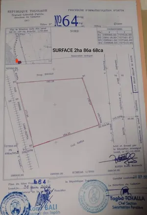 Terrain de 3 hectares à vendre à Tsevié Lilikopé Touni Kopé – prix à confirmer