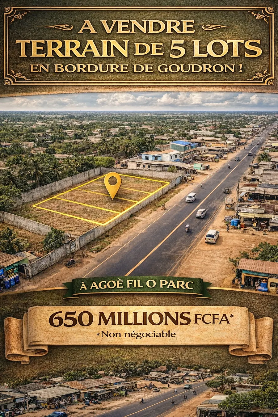 Terrain 5 lots en vente en bordure de goudron à Agoè Fil O Parc – 650 millions FCFA