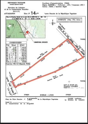 Terrain 15 hectares en vente en bordure de goudron à Bagbé – 15 millions FCFA l'hectare