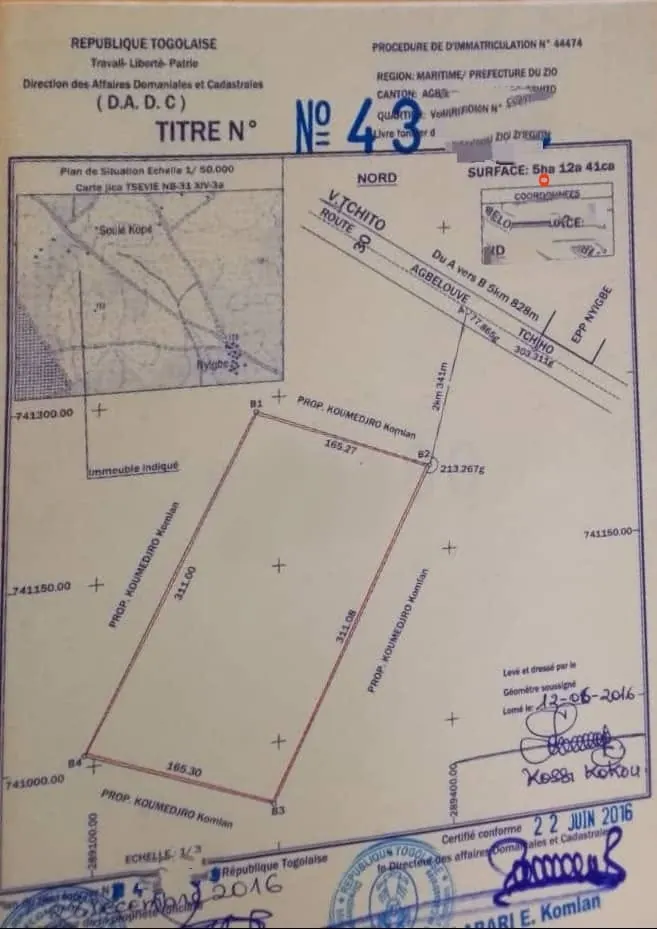 Terrain de 33 ha 43 a 88 ca en vente à Agbelouve Tchito Voutokpa – 3,5 millions FCFA l'unité