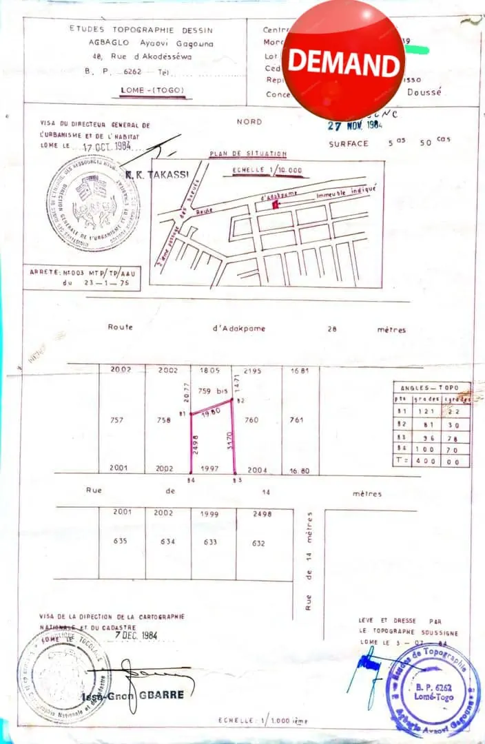 Maison 1 lot à vendre à Adakpamé – 43 millions FCFA