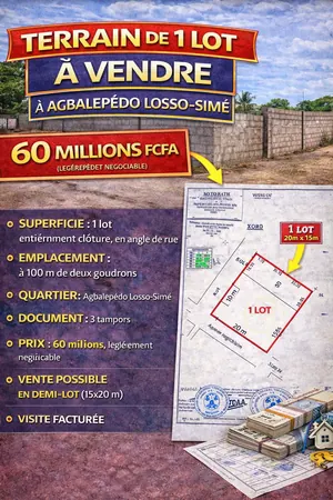 Terrain 1 lot à vendre en angle de rue à Agbalépédo Losso-Simé – 60 millions FCFA