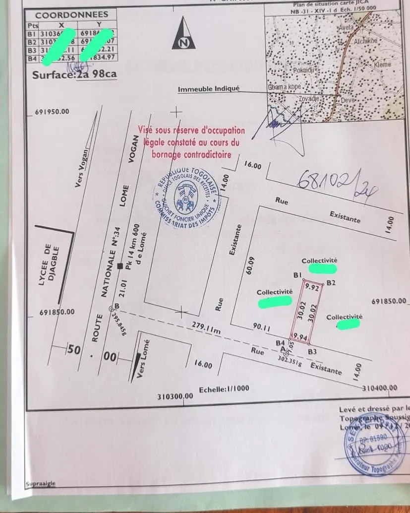 Terrain de 298 m² en vente à Djagblé Lycée – 7 000 000 FCFA