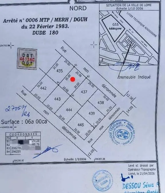 Terrain 1 lot clôturé à vendre à Adidogomé, à 100m du goudron Lomé-Kpalimé – 45 millions FCFA