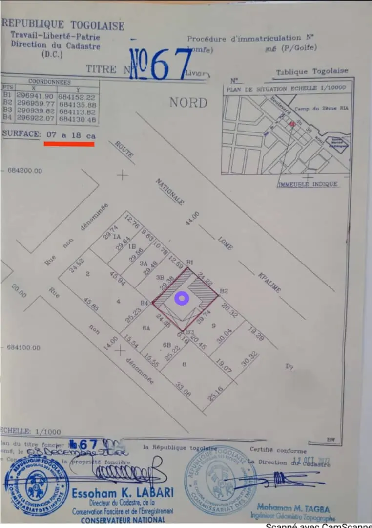 Vente d'un terrain à Adidogomé Douane, 718 m², en bordure de goudron – 180 millions FCFA