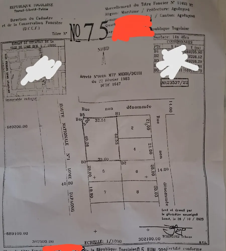 Terrain 1436 m² en vente en bordure de goudron à Agoè – 370 millions FCFA
