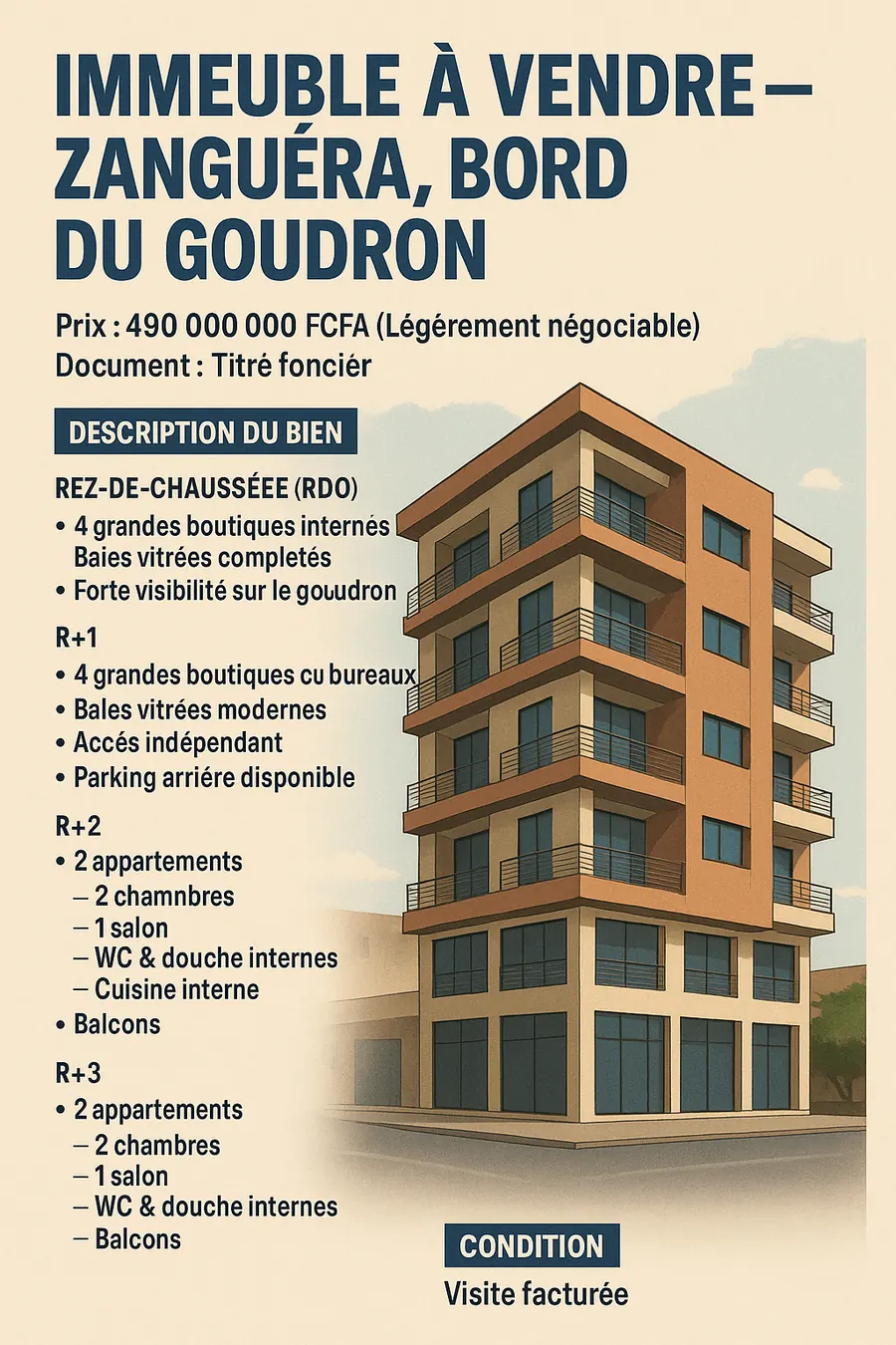 Immeuble 18 pièces à vendre bord du goudron à Zanguéra – 490 000 000 FCFA