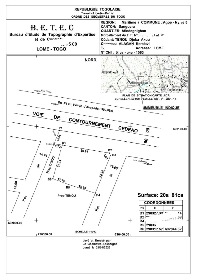 Terrain 2 lots de 1200 m² en vente à angle de rue au bord du contournement CEDEAO à Zanguéra Afiadégnigban – 50 millions FCFA