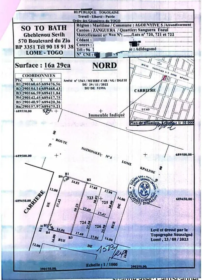 Terrain 1629 m² en vente en angle de rue au bord du goudron à Zanguera – prix à partir de 50 millions FCFA le lot