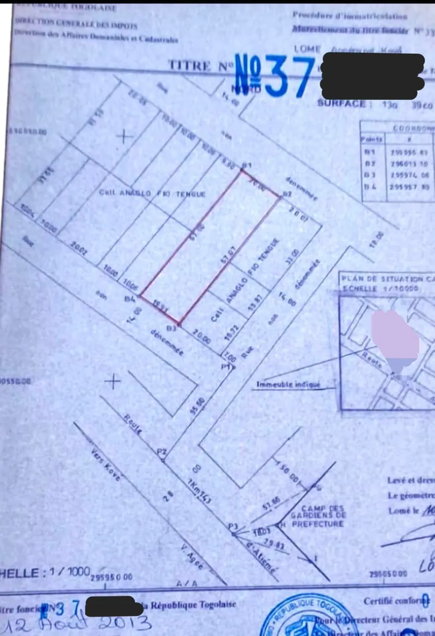 Vente de terrain à Sogbossito, 2,25 lots clôturés, 1339 m², accès sur 2 voies – 65 millions FCFA à débattre