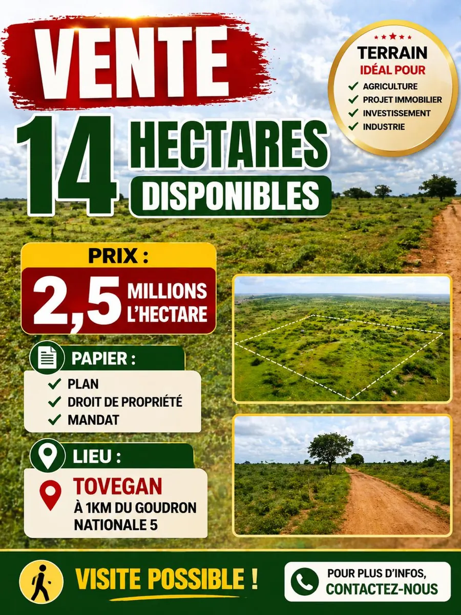 Terrain 8400 m² en vente à Tovégan – 2,5 millions FCFA par hectare