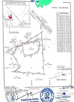 Terrain 12 hectares en vente à Bagbe entre rails et goudron route Lomé-Kpalimé – 12 millions FCFA par hectare