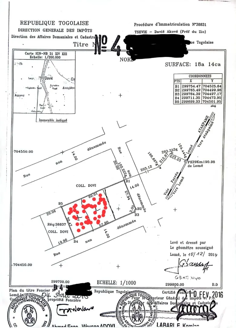 Terrain 2 lots 1200 m² en vente à Davié – 9,5 millions FCFA par lot