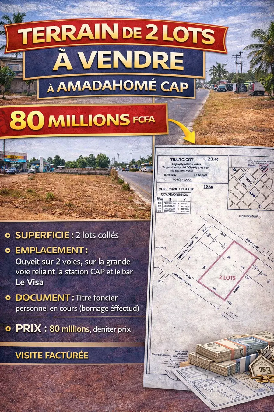 Terrain 2 lots à vendre à Amadahomé CAP – 80 millions FCFA