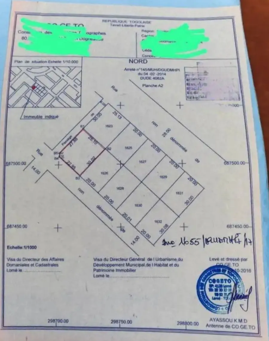 Vente d'un terrain à Agoè Anomé, 1,25 lot en angle de rues, clôturé avec bâti 6 pièces, 750 m² – 45 millions FCFA