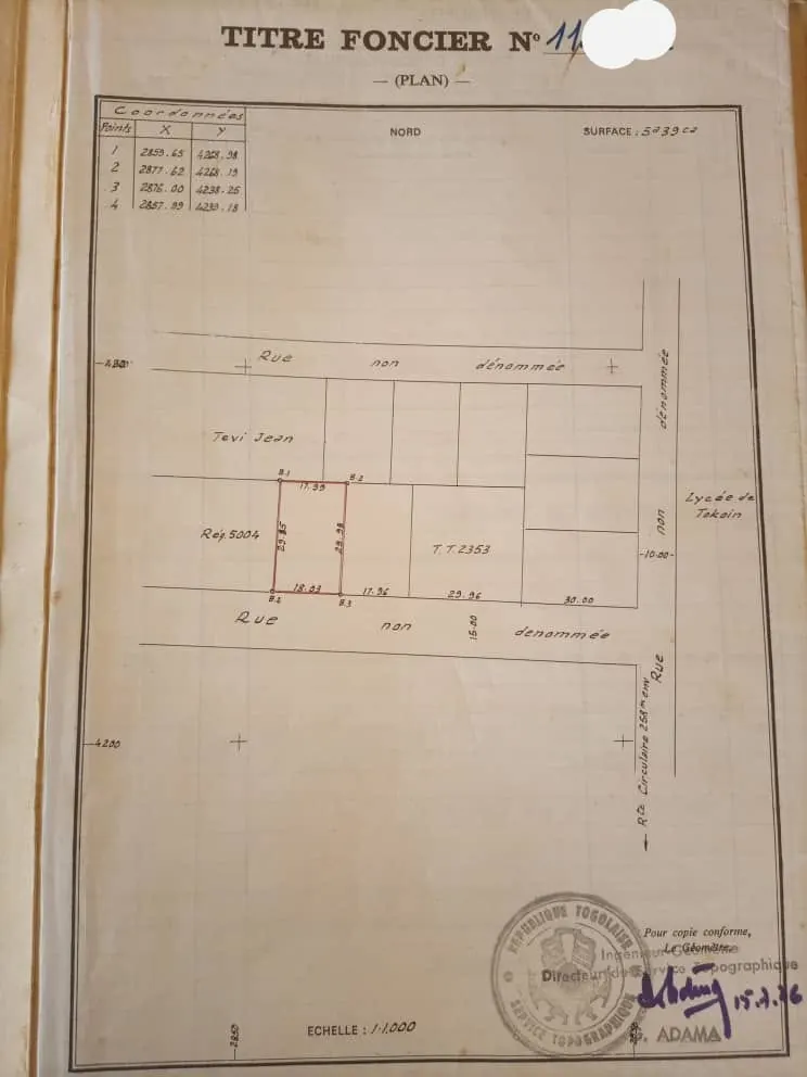 Terrain 600 m² en vente à Tokoin Soted – 85 millions FCFA