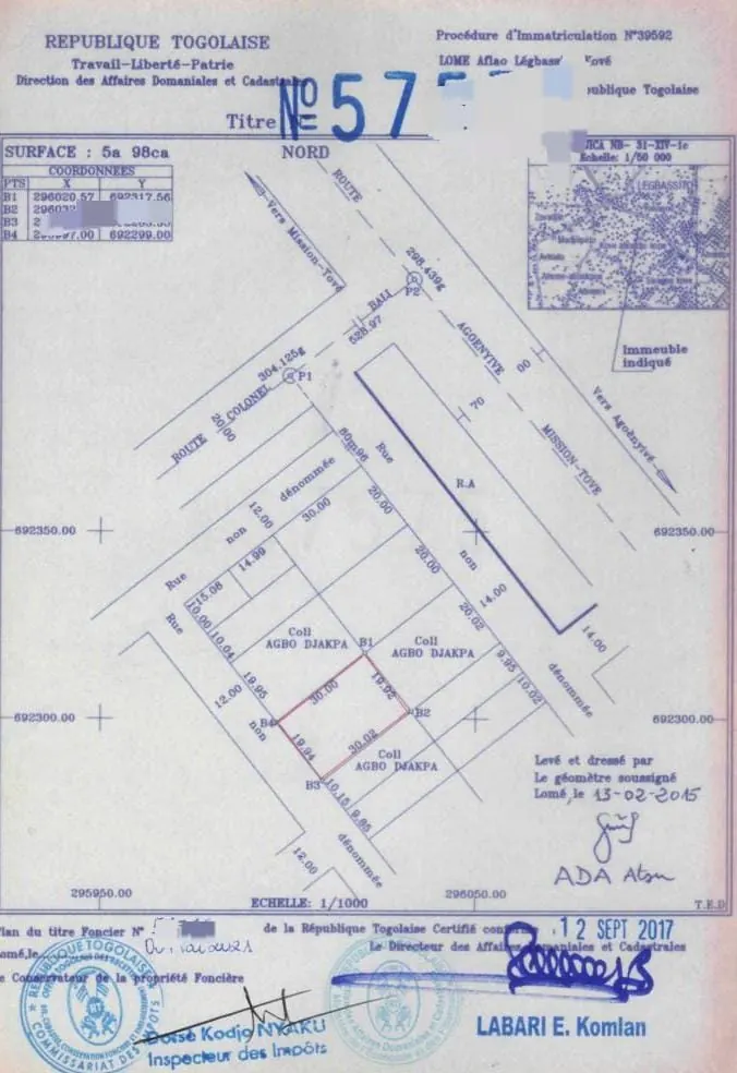 Terrain 1 lot de 600 m² en vente à Legbassito – 37 millions FCFA