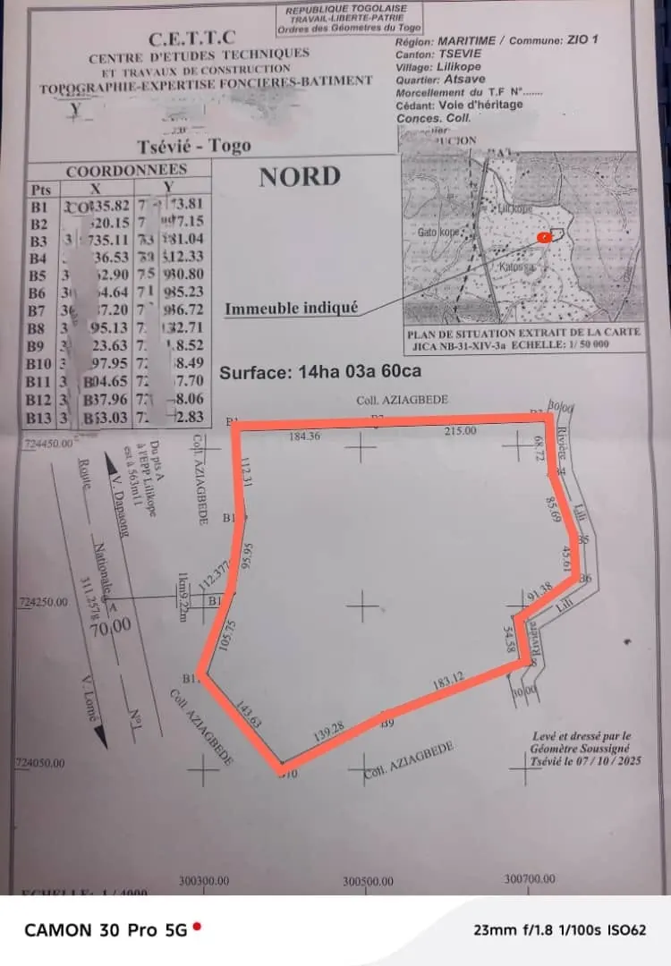 14 hectares en vente à Lilikopé proche du goudron RN1 – 8 millions FCFA l'unité