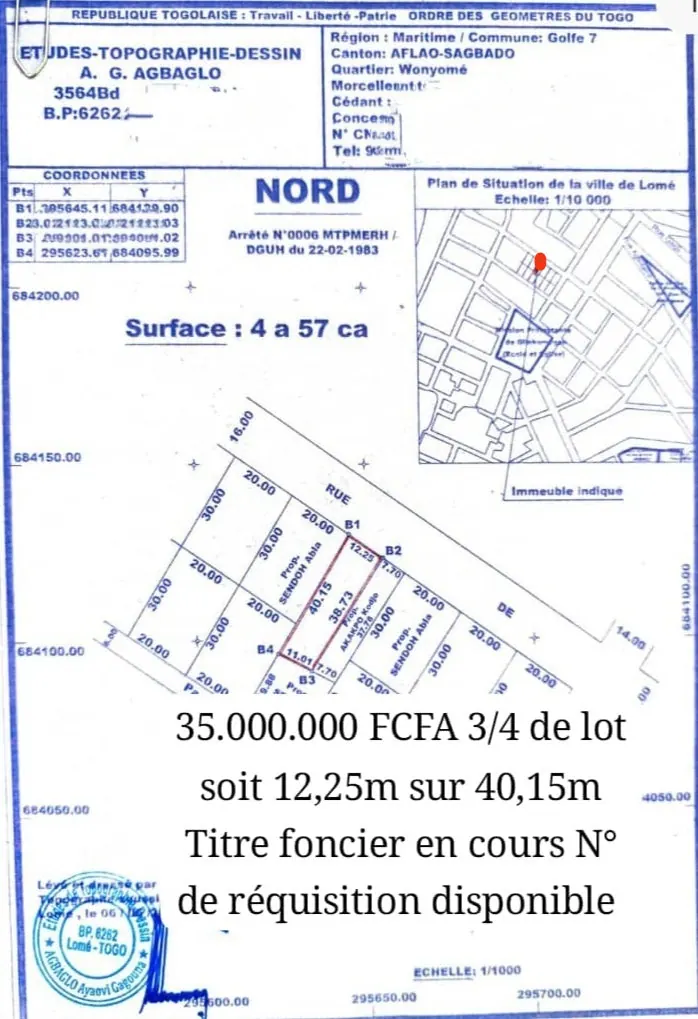 Terrain 457 m² en vente à Attikoumé derrière FUCEC – 35 millions FCFA
