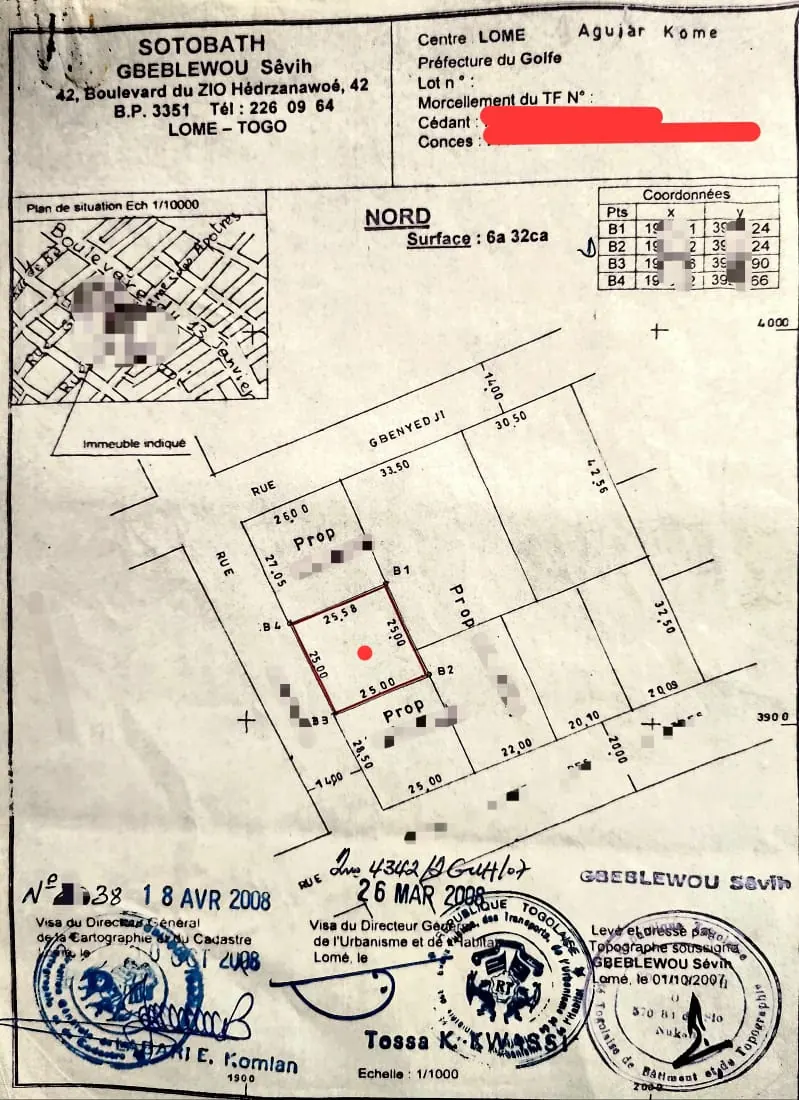 Vente d'un terrain au centre-ville de Lomé (Dékon), 632 m², proche du boulevard du 13 Janvier – 290 millions FCFA