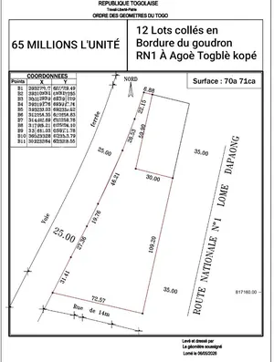 Terrain 11 lots 3/4 en vente en angle de rue et bordure de goudron à Togblekopé – 60 millions FCFA l'unité