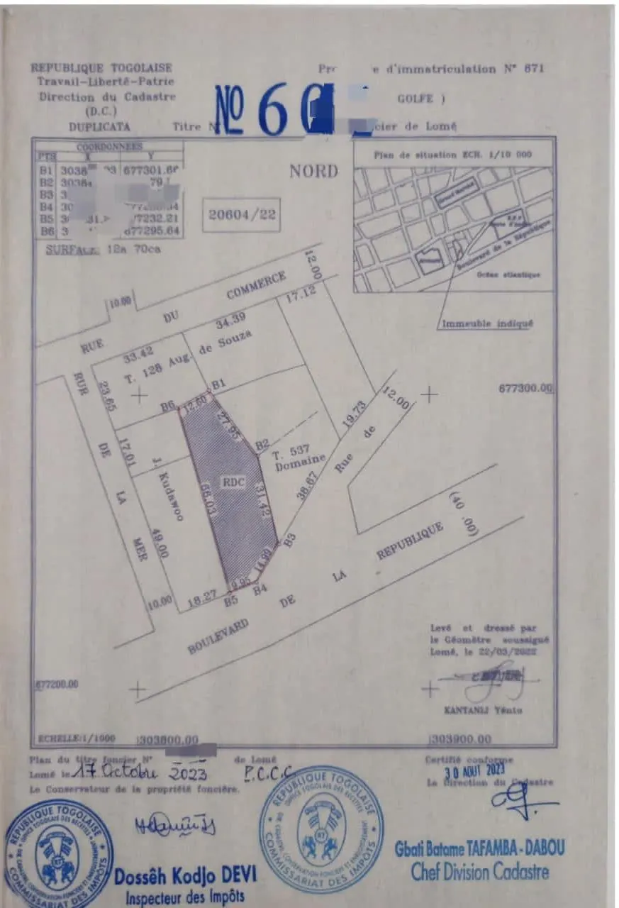 Terrain 2 lots de 1200 m² en vente à Assigamé, Lomé – 1 800 000 000 FCFA