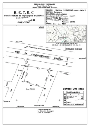 Terrain 2 lots de 1200 m² en vente à angle de rue au bord du contournement CEDEAO à Zanguéra Afiadégnigban – 50 millions FCFA
