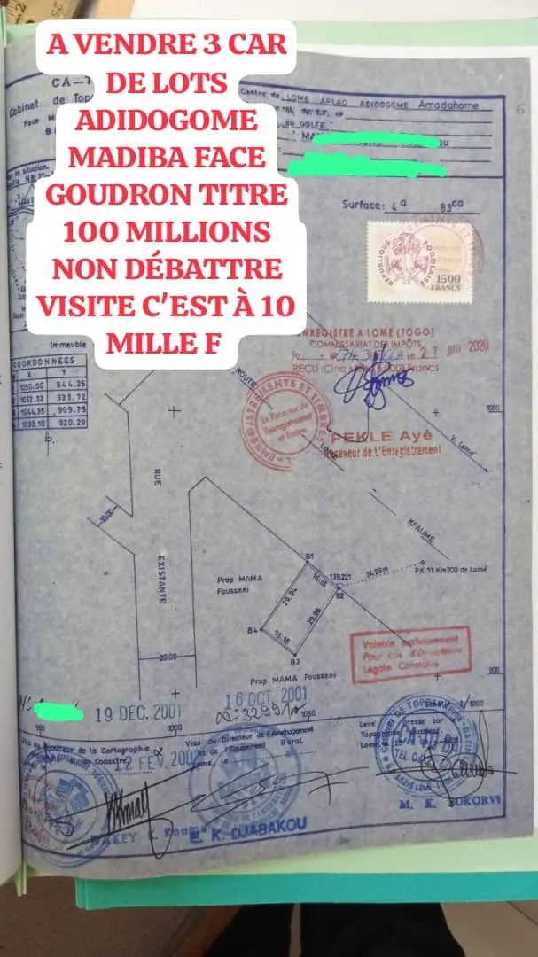Terrain 3 quarts de lots en vente face au goudron à Adidogomé Madiba – 100 millions FCFA