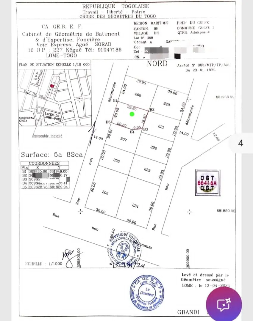 Terrain 1 lot clôturé en vente à Adakpamé Rond Point, proche du goudron – 30 millions FCFA