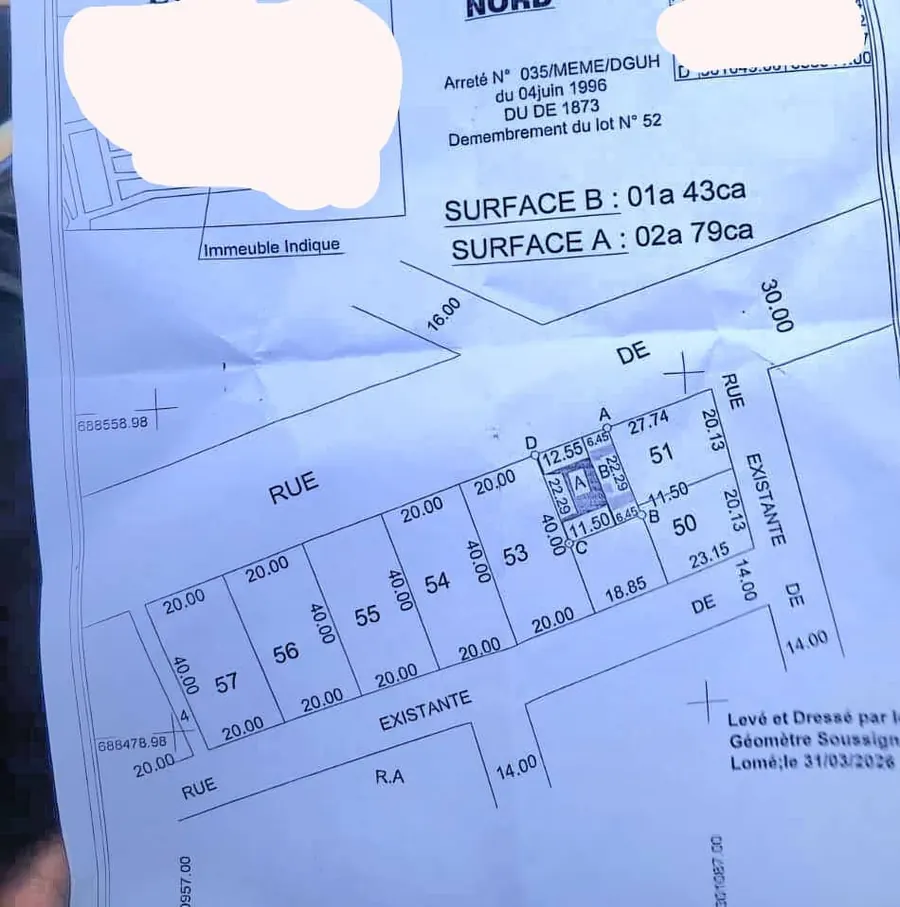 Vente d'un terrain à Agoè Carrefour Bleu, 1/4 de lot, bord du goudron – 20 millions FCFA à débattre