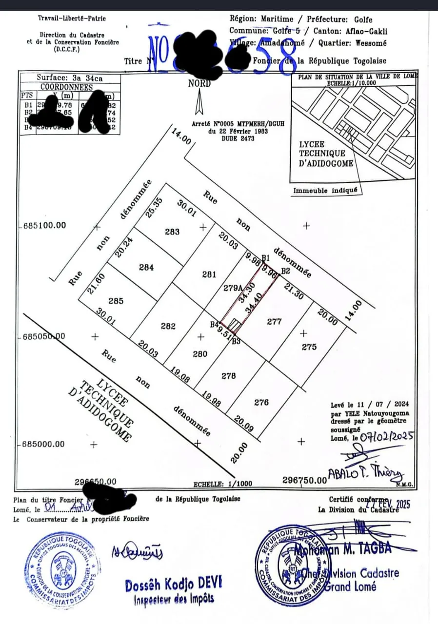 Terrain 334 m² en vente à Adidogomé Mokpokpo – 20 millions FCFA