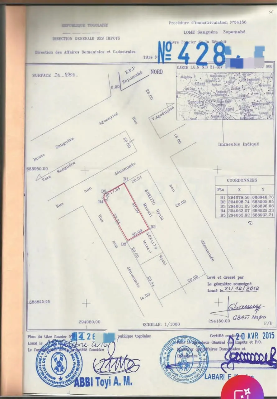 Terrain 798 m² en angle de rue à vendre à Zossimé Zopomahè – 25 millions FCFA