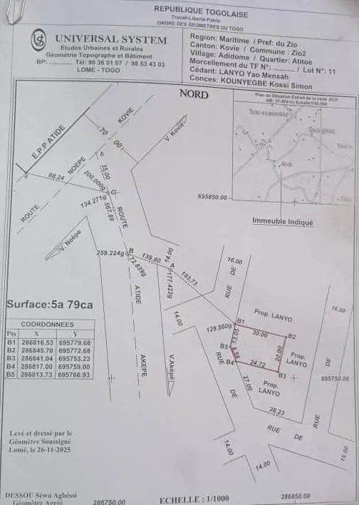 Terrain 579 m² en vente à Kovié Adidomé – à partir de 3 000 000 FCFA