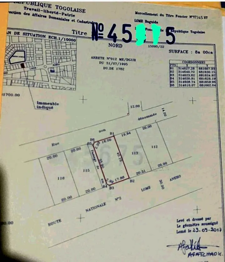 Terrain 800 m² en vente en bordure de goudron à Baguida – 150 millions FCFA