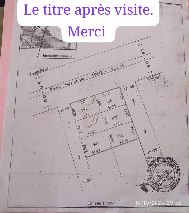 Terrain 6 lots en vente en bordure de goudron à Djagblé – 50 millions FCFA le lot